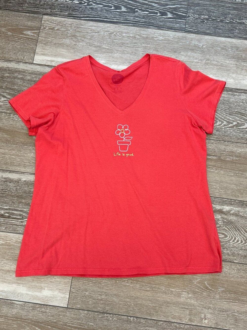 Life is Good V-Neck T-Shirt Sz L Short Sleeve Coral Pink w Flower Pot